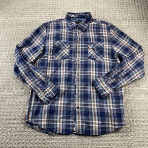 Guess Los Angeles Plaid Shirt Men Large L Blue Orange Casual Button Up Preppy